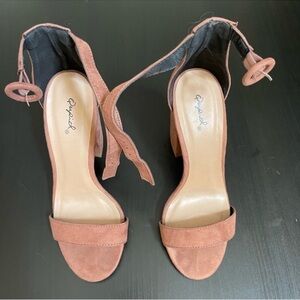 Lulus Block Heel Cognac Brown Tan Suede Camel Ankle Strap Pumps High Heels